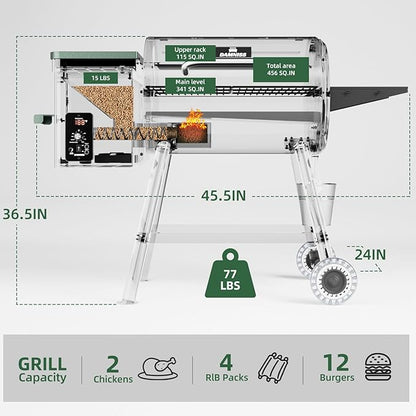 DAMNISS Pellet Grill Smoker 8 In 1 Outdoor Wood Electric Pellet BBQ Grill With PID Temperature Control And Meat Probe 456 Sq.In Removable Cooking Area Easy Clean