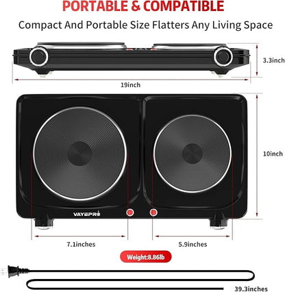 Hot Plate for Cooking, Vayepro 1800W Portable Electric Stove,Double Electric Burner for Cooking,UL listed,Cooktop for Dorm Office Home Camp, Compatible with All Cookware