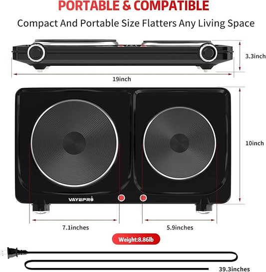 Hot Plate for Cooking, Vayepro 1800W Portable Electric Stove,Double Electric Burner for Cooking,UL listed,Cooktop for Dorm Office Home Camp, Compatible with All Cookware