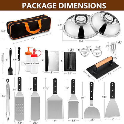 25Pcs Griddle Accessories Kit for Blackstone, Joyfair Stainless Steel Flattop Grilling Spatula Accessory Tools Set with Smash Burger Press Basting Cover for Outdoor BBQ Hibachi Cooking (ABS Handle)