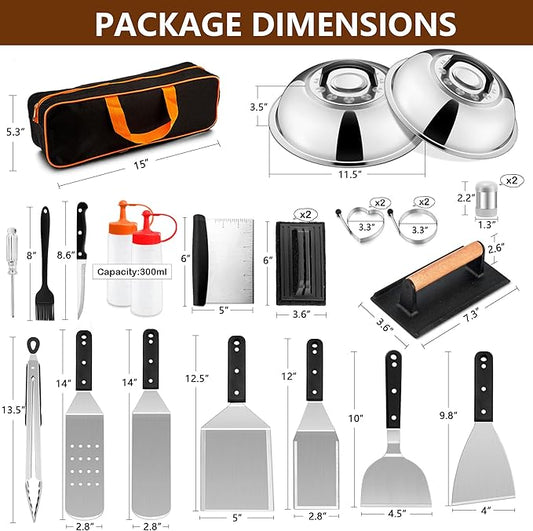 25Pcs Griddle Accessories Kit for Blackstone, Joyfair Stainless Steel Flattop Grilling Spatula Accessory Tools Set with Smash Burger Press Basting Cover for Outdoor BBQ Hibachi Cooking (ABS Handle)