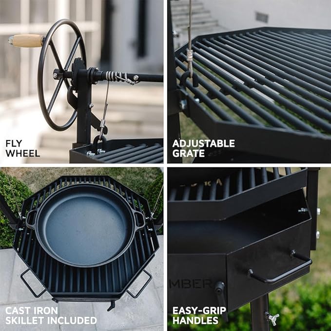 TITAN GREAT OUTDOORS Ash & Ember Santa Maria Grill, Argentine Style Open Fire Grill, Adjustable Cooking Grate with Flywheel, BBQ Grill Comes with Cast Iron Skillet