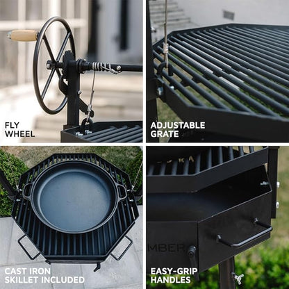TITAN GREAT OUTDOORS Ash & Ember Santa Maria Grill, Argentine Style Open Fire Grill, Adjustable Cooking Grate with Flywheel, BBQ Grill Comes with Cast Iron Skillet