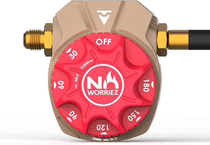 NO WORRIEZ 3 Hour Bypass Safety Auto Shut-Off Gas Timer for Propane & Natural Gas | Outdoor Grill, Fire Pit, Pizza Oven | – 100,000 BTU w/ 3/8" Flared Male Connector & Female Hose, Patent Pending