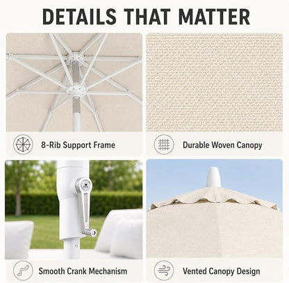 Treasure Garden 9ft Patio Umbrella - Outdoor Furniture Market Umbrella – Deluxe Auto-Tilt – White Aluminum Frame (Sunbrella, Canvas)