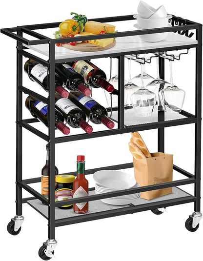 MAHANCRIS Bar Cart for Home, 3-Tier Serving Cart with Wheels and Handle, Beverage Cart with Wine Rack and Glass Holders, Rolling Wine Cart for Kitchen, Dining Room, Marble and Black RCHM6101