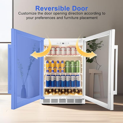 FoMup 24" Undercounter Beverage Refrigerator with Glass Door, 200-Can | Reversible door for flexible installation, Digital temperature control, safety lock, White finish, LED light