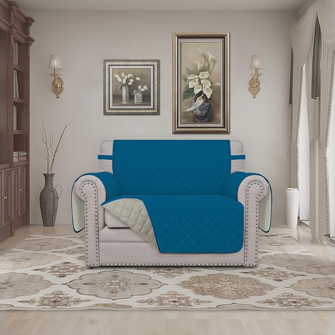 Easy-Going Reversible Couch Cover, Oversized Chair, Peacockblue/Beige | Machine Washable Slipcover For Dogs, Water Resistant Furniture Mat For Living Room, Non-Slip Sofa Cover, Pet Friendly