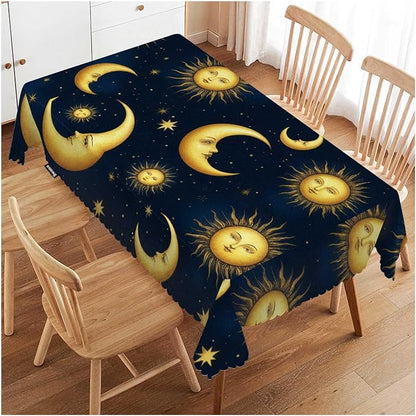 Swono Sun and Moon Table Cloth Gold Galaxy Sun Moon Rectangle Tablecloth Picnic Table Cover BBQ Table Cloths Polyester for Kitchen 50x72 Inch