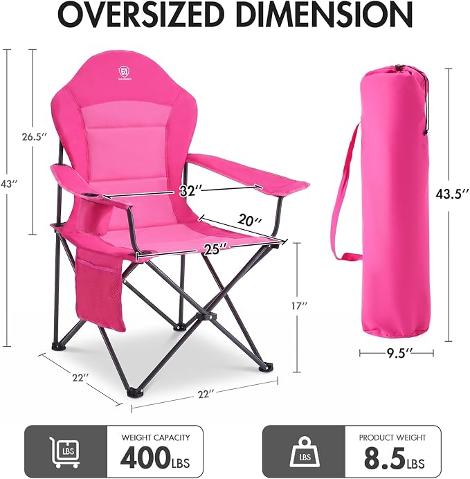 EVER ADVANCED Oversized Camping Chairs, Folding Chairs for Outside Heavy Duty 400LBS Lawn Chairs High Back Camp Chair with Cup Holder for Outdoor, Fishing & Sports, Pink