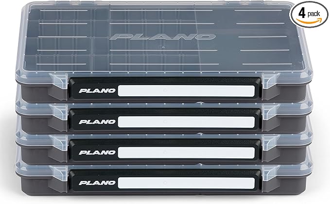 Plano StowAway 3600 50/50 Split Stow Tackle Box, 4-Pack, Corrosion-Preventive Rustricor, Single Latch Design, Transparent DuraView Lid, Stackable Storage for Fishing Bait, Lures and Gear
