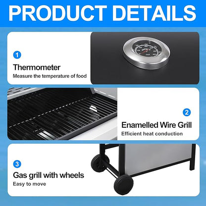 3 Burner Propane Gas Grill, Small Stainless Steel Portable BBQ Grill with Folding Side Table, Compact Gas Grill for Patio Balcony Camping, Easy Assembly with Wheels & Warming Rack