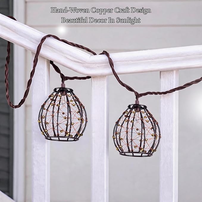 Tiki Boho Decorative String Lights, Plug-in 8.5FT 10-Light, Handmade Copper Wire Beaded Oval Ball, UL Listed Connectable IP54 Waterproof for Porch Balcony Garden Wedding Decor