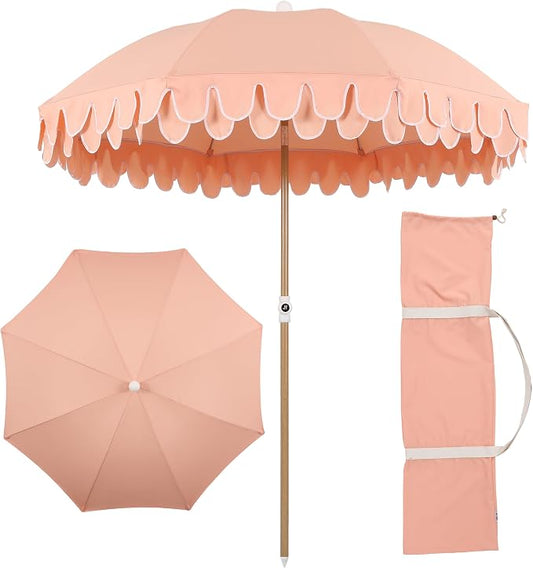 JONATHAN Y Horizon 6.5 ft. Scalloped Fringe Beach Umbrella, Coral Pink | UV 50 Sun Protection, Push Button Tilt, Matching Carry Bag, Wood Finish Iron Pole, Wind Vent, 8 Fiberglass Ribs, Pointed End