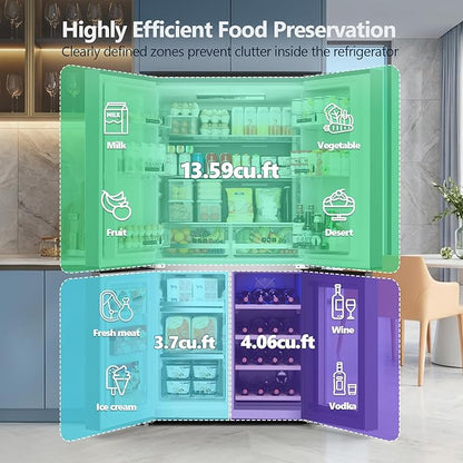 Electactic 21.36 Cu.Ft French Door Refrigerators with Bottom Freezer, Wine Cabinet, Adjustable Shelving, Counter Depth Smart Refrigerator with Touchscreen for Kitchen Home