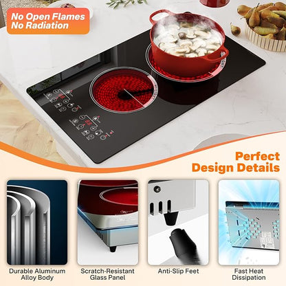 12 Inch 2 Burner Electric Cooktop, 2000W Double Ceramic Glass Stove Top with Touch Control or Slider Control & Infrared Heating, 9 Power Levels, Timer, Child Lock