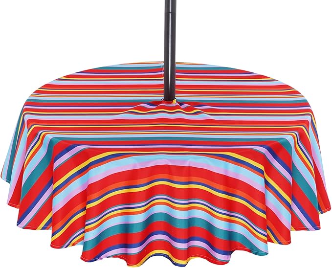 Poise3EHome 60 inches Outdoor/Indoor Waterproof Spillproof Round Tablecloth with Umbrella Hole Zipper for Camping Picnic Party Patio Table Spring, Color Stripe