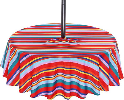 Poise3EHome 60 inches Outdoor/Indoor Waterproof Spillproof Round Tablecloth with Umbrella Hole Zipper for Camping Picnic Party Patio Table Spring, Color Stripe
