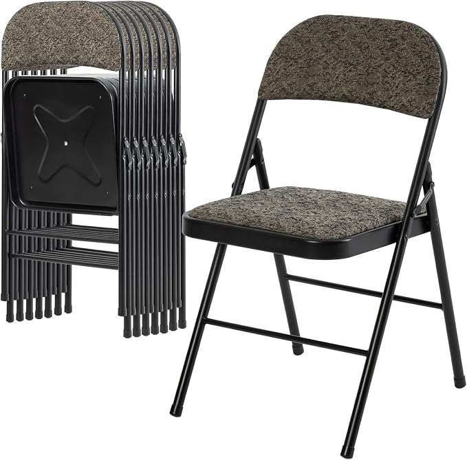DUMOS 8 Pack Folding Chairs with Padded Cushion and Back - Fabric Stackable Portable Dining Chairs Set, for Home and Office, Conference, Wedding, Party, Patio, Garden, for Indoor Outdoor, Black Grey