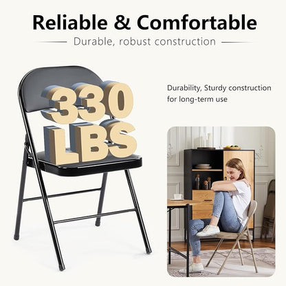 DUMOS 4 Pack Leather Padded Folding Chair, Portable & Stackable Foldable Chairs Sets with Steel Frame, for Indoor Outdoor Events, Home, Office, Party, Black
