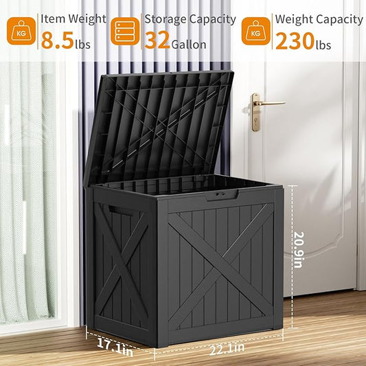 ROJIK 32 Gallon Outdoor Storage Housing Deck Box,Waterproof Patio Furniture, Garden Tools, Cushions, Pool Accessories Storage Bench with Lockable Lid and Side Handles(Black)
