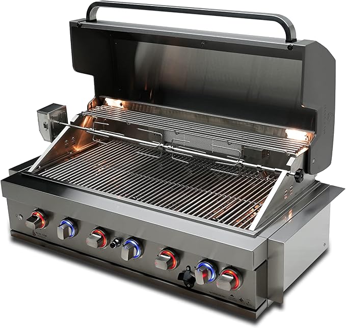 Mont Alpi Premium 44"W x 23"D x 21"H Stainless Steel 6-Burner 87000 BTUs Outdoor Kitchen Kitchen Island Heavy Duty Propane Built-in BBQ Grill Head with Infrared Rear Burner + Rotisserie Kit + Cover