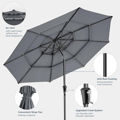 9FT 3-Tier Patio Umbrella, Vented Outdoor Market Table Umbrella | 5-year fade resistant commercial canopy with UPF50+ UV protection. Push button tilt & crank for pool, backyard, deck shade