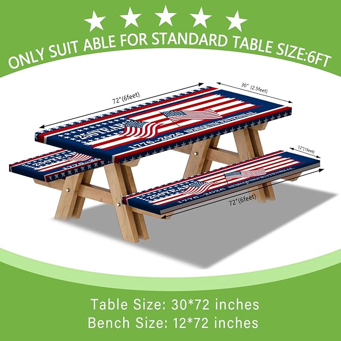 250th Anniversary America Flag Picnic Table Cover with Bench Covers Camping Essentials 250 USA Flag 1776-2026 Waterproof Fitted Camping Tablecloth Cover with Elastic Edge for Outdoor 3 PCS 30x72 Inch