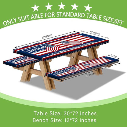 250th Anniversary America Flag Picnic Table Cover with Bench Covers Camping Essentials 250 USA Flag 1776-2026 Waterproof Fitted Camping Tablecloth Cover with Elastic Edge for Outdoor 3 PCS 30x72 Inch