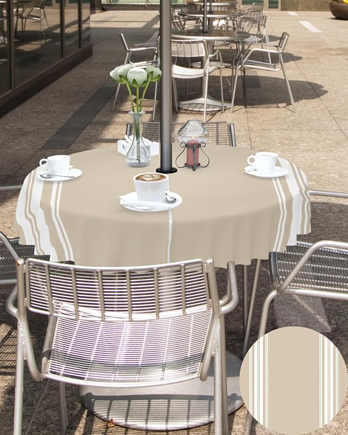 QueenKer Outdoor Tablecloth with Umbrella Hole, Khaki and White Stripe Round Tables Waterproof Tabletop Collection for Patio, Garden, Picnic, Camping, Dining 54R