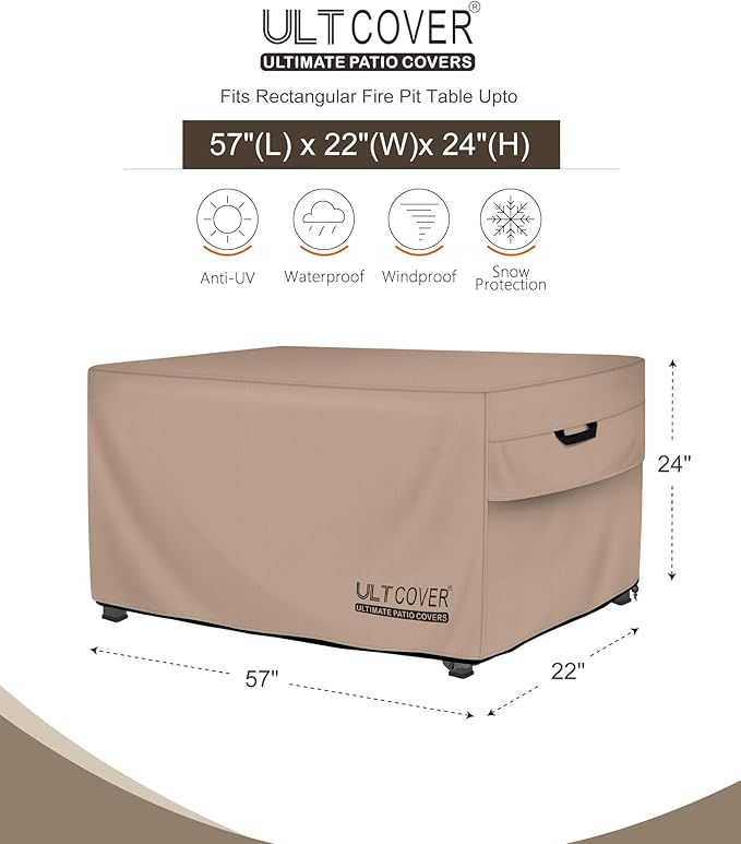 ULTCOVER Rectangular Gas Fire Pit Table Cover 57x22 inch Waterproof Heavy Duty Firepit Cover