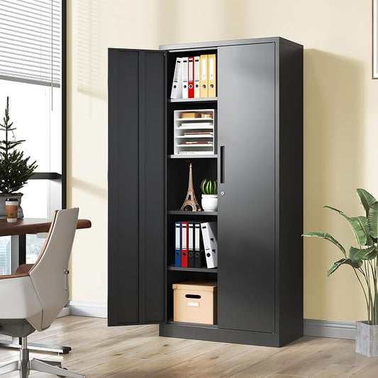 Metal Storage Cabinet with Lock, 72"H Garage Storage Cabinet, Black | Storage Cabinet with 2 Doors and 4 Adjustable Shelves, Steel Locking File Cabinet for Garage Office Home, 72"H x 18"D x 35"W