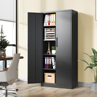 Metal Storage Cabinet with Lock, 71"H Garage Storage Cabinet, Black | Storage Cabinet with 2 Doors and 4 Adjustable Shelves, Steel Locking File Cabinet for Garage Office Home, 71"H x 16"D x 32"W