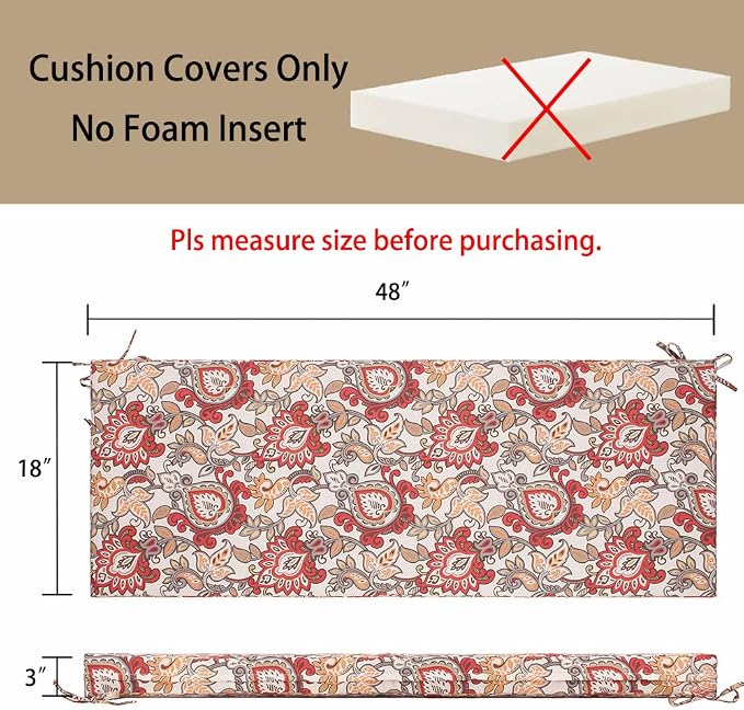 Magpie Fabrics Patio Bench Cushion Cover 48x18x3 Inch, NO Insert! Water Resistant Outdoor Loveseat Replacement Cover with Zipper (Botanical Red Orange)
