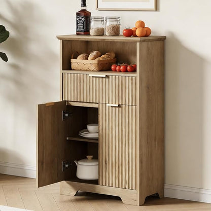 Fluted Buffet Cabinet with Storage, Modern Coffee Bar Cabinet | With Drawer & Adjustable Shelf, Wood Sideboard Cabinet for Kitchen, Bathroom, Entryway and Living Room Natural