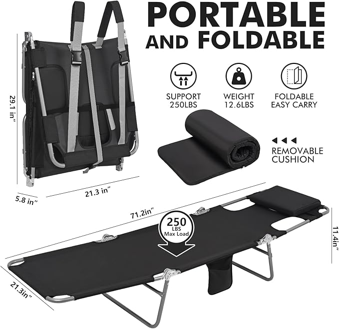 3 in 1 Women Comfort Backpack Tanning Beach Chair with Face Hole & Cushion | Portable Folding Lounge Sun Chair for Adults Outside Reading Sunbathing Poolside Camping | Reclining 6 Position