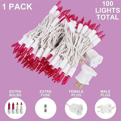 Pink Christmas Lights, 100 Count, Incandescent Mini Valentines Day Lights | White Wire Connectable Xmas Fairy String Light, UL Certified for Indoor Outdoor Garland Holiday Wedding Festival Party