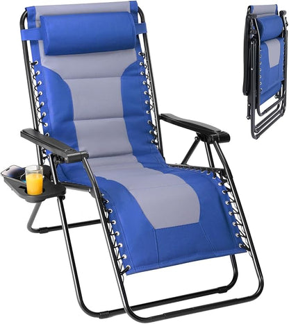 NEWBULIG Padded Zero Gravity Chair, Folding Lounge Chair Outdoor, Blue | Foldable Beach Camping Recliner Chair with Adjustable Pillow and Trays for Poolside Lawn Patio