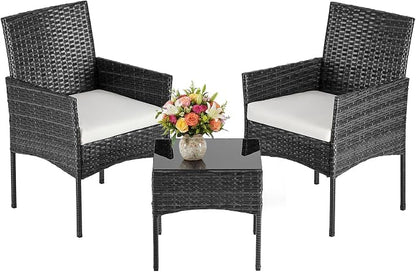 DUMOS 3-Piece Patio Furniture Set, Outdoor Wicker Bistro Set, Black | All-Weather Rattan Chairs, Removable Cushions, Tempered Glass Table, Small Conversation For Porch Balcony Lawn Backyard