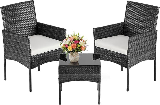 DUMOS 3-Piece Patio Furniture Set, Outdoor Wicker Bistro Set, Black | All-Weather Rattan Chairs, Removable Cushions, Tempered Glass Table, Small Conversation For Porch Balcony Lawn Backyard