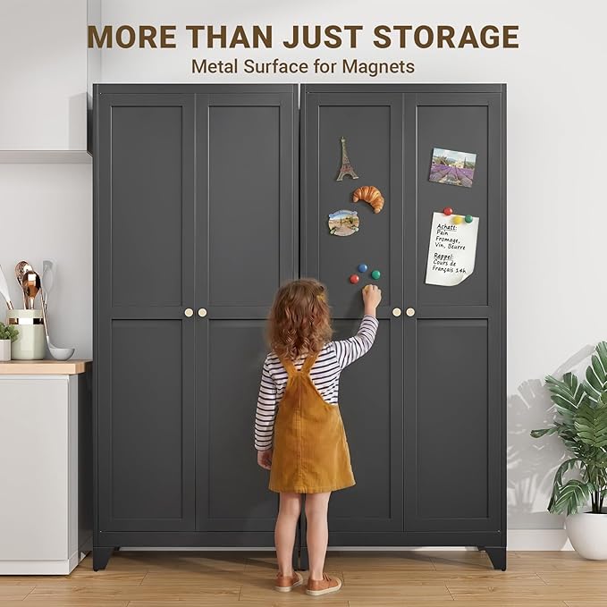 75" Tall Metal Kitchen Pantry Cabinet, Freestanding Steel Storage Cabinet with Doors, 5 Adjustable Shelves, for Dining Room, Black