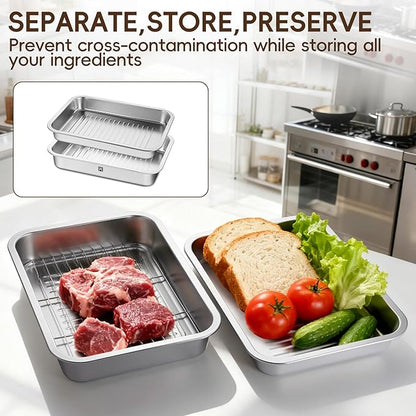 GOLDEN KEY Grilling Prep and Serve Tays,Stainless Steel Grill Carry System,Heat Resistant & Stackable,Grill Prep Trays Set of 5,Marinade Container with Lid and Cutting Board,Grilling Gifts for Men