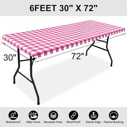 Smiry Rectangle Picnic Table Cloth, Elastic Waterproof Fitted Vinyl Tablecloths, Flannel Backed Buffalo Plaid Table Covers for Dining, Camping, Outdoor (Hot Pink and White, 30" x 72")