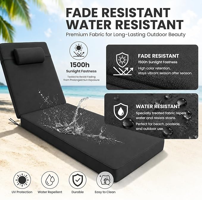 Chaise Lounge Cushion for Outdoor Furniture, Waterproof, Fade-Resistant and Tear Resistant, Patio Lounger Pads with Removable Cover for Pool, Deck, Lawn, 72x21x4 Inch, Dark Gray