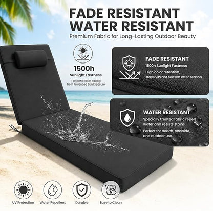Chaise Lounge Cushion for Outdoor Furniture, Waterproof, Fade-Resistant and Tear Resistant, Patio Lounger Pads with Removable Cover for Pool, Deck, Lawn, 80x26x4 inch, Dark Gray