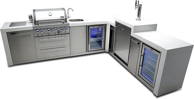 Mont Alpi 120"W x 98"D Deluxe L-shaped Stainless Steel Outdoor Kitchen Island + Refrigerator Faucet & Sink + 3-tap Kegerator Beer Dispenser + 32"W 4-Burner BBQ Grill + Side Burner + Rotisserie + Cover