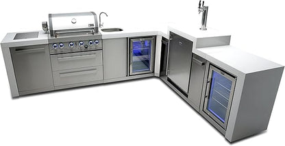 Mont Alpi 120"W x 98"D Deluxe L-shaped Stainless Steel Outdoor Kitchen Island + Refrigerator Faucet & Sink + 3-tap Kegerator Beer Dispenser + 32"W 4-Burner BBQ Grill + Side Burner + Rotisserie + Cover
