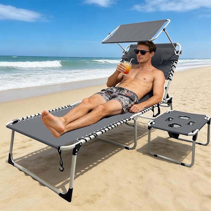 Outdoor Tanning Chair with Sun Canopy Shade & Face Hole, Folding Lounge Chair with Beach Table and Carry Bag for Poolside Sunbathing Lawn
