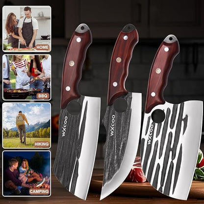 Serbian Chef Knife Set 3 Piece Hand Forged Viking Butcher Knife High Carbon Steel for Meat Cutting BBQ Camping, Unique Mens Birthday Gift for Hunters Grillers and Outdoor Cooking