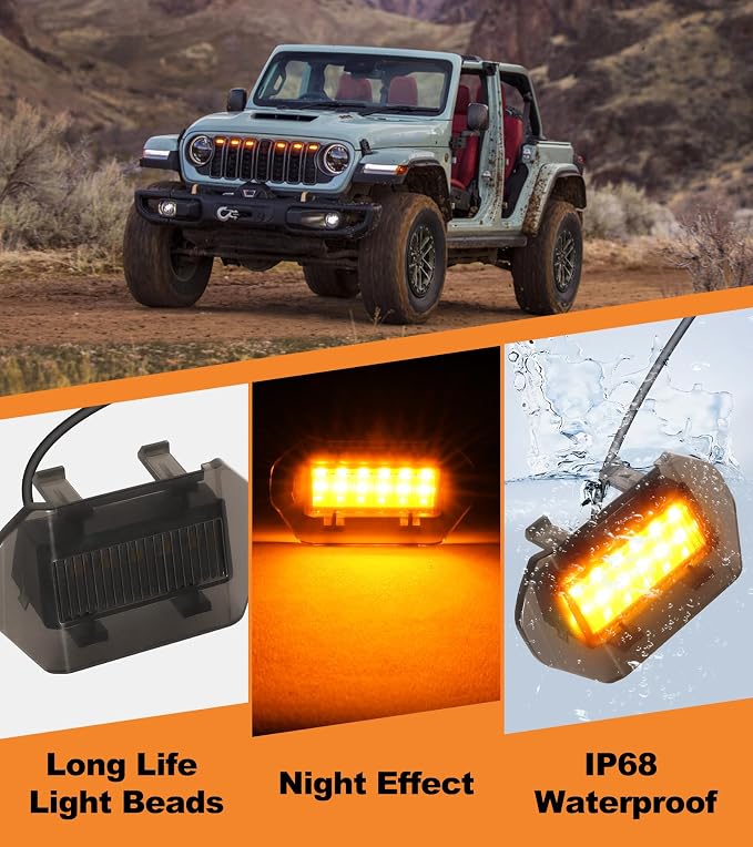 LED Grill Lights for Jeep Wrangler JL JLU Accessories 2024-2026, Amber | Direct-Snap Front Grille LED Accent Marker Lights, IP68 Waterproof, Enhanced Night Visibility, Raptor-Style Exterior Lighting
